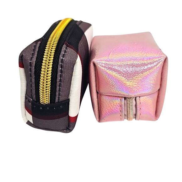 Two Stylish One Pink Faux Leather and One Black Gray White Red Mini Pouch Set - Picture 5 of 7